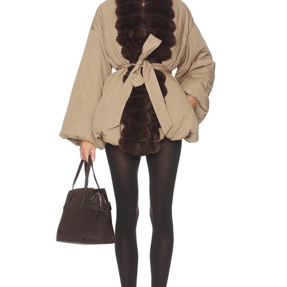 Helsa Bubble Puffer With Faux Fur in Tan & Cedar SZ S $449 - Picture 3 of 11